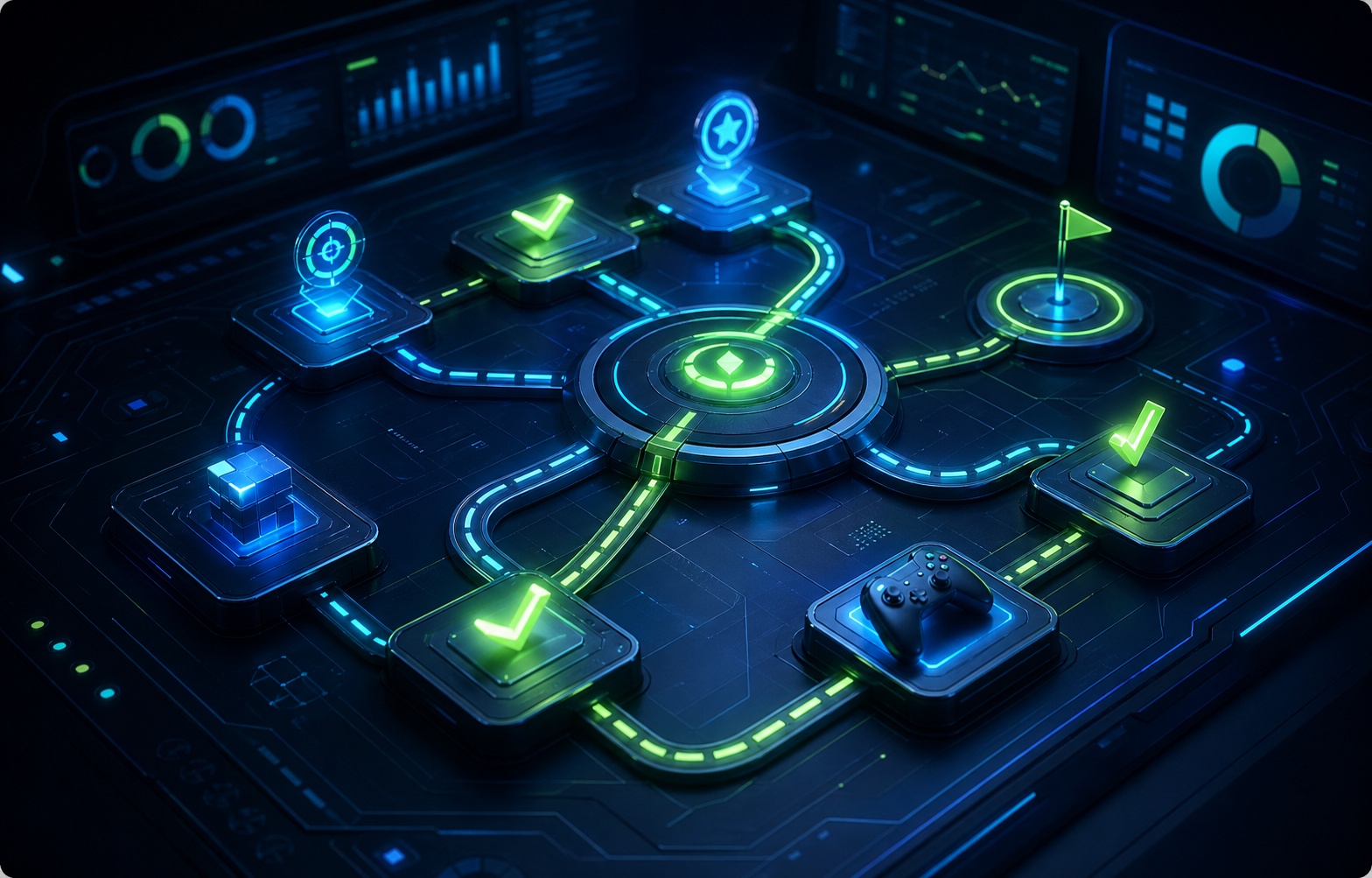 Jogo corporativo em Unity com trilhas gamificadas e indicadores de progresso