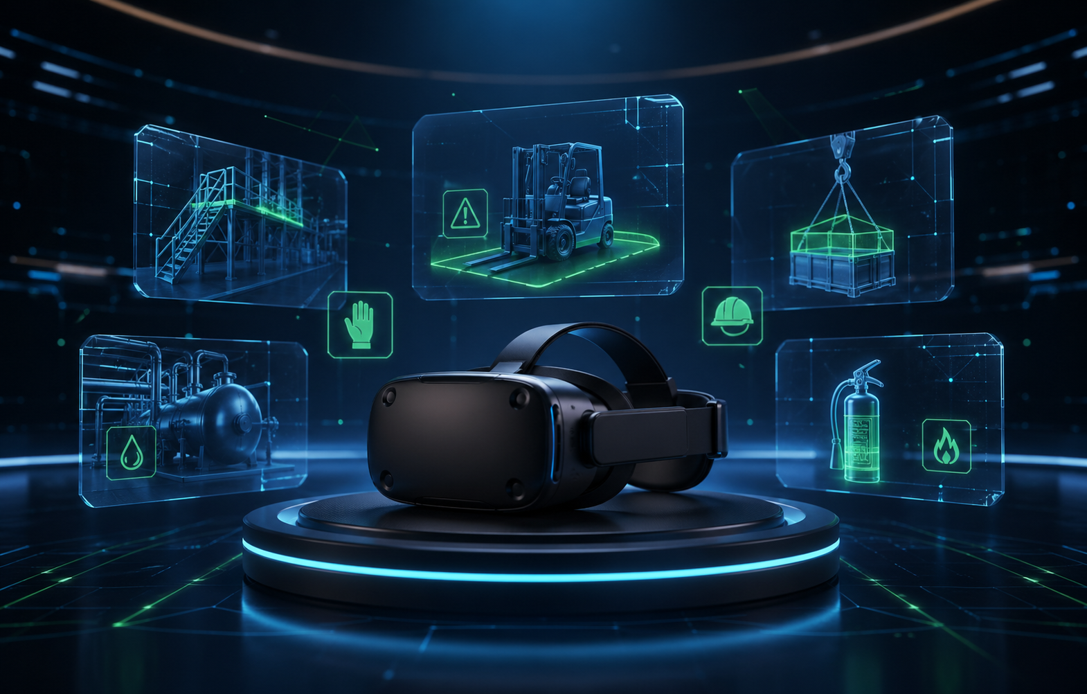 Experiência VR corporativa com painéis holográficos de treinamento