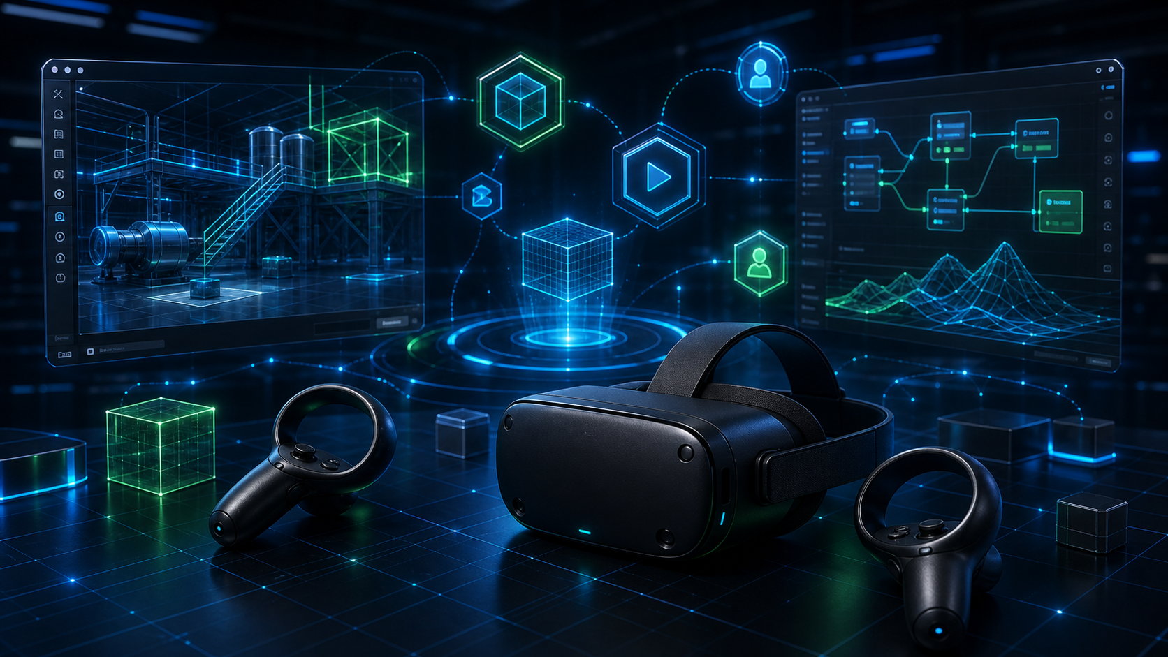 Ambiente de desenvolvimento Unity e VR com headset e painéis interativos