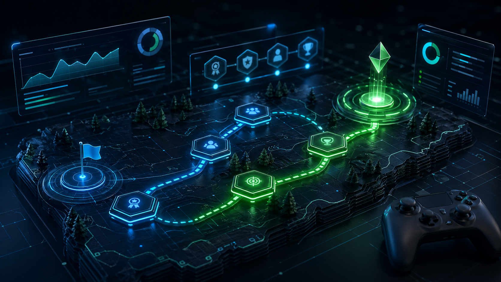 Jogo corporativo em Unity com trilha gamificada e indicadores de progresso
