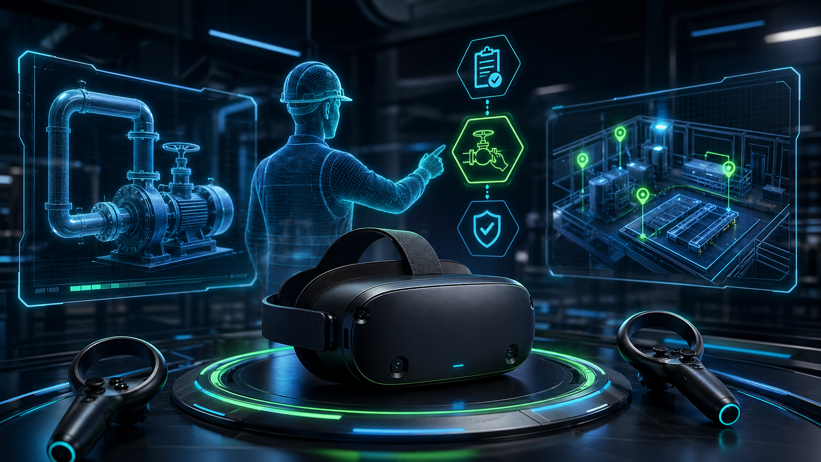 Simulação em VR para treinamento corporativo com ambiente industrial holográfico